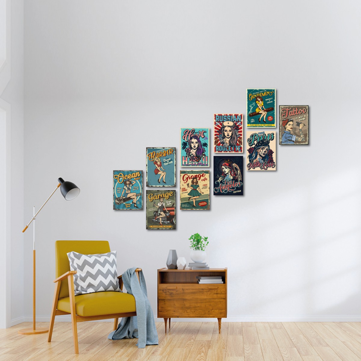 13,5x18 Cm 10'lu Retro Ahşap Tablo Seti, Vintage Tablo 13,5x18 Cm 10'lu Retro Ahşap Tablo Seti, Vintage Tablo