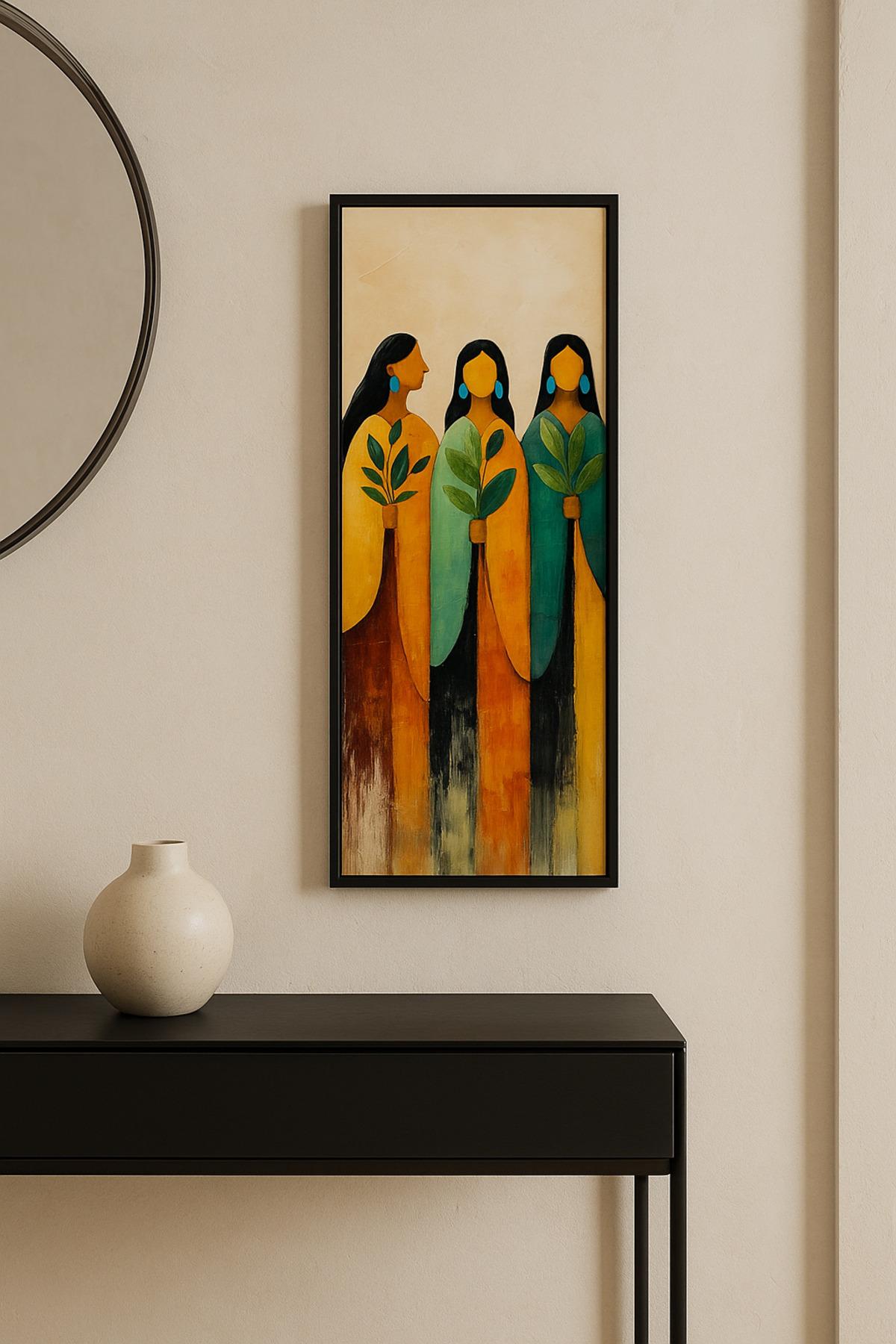 25 x 60 cm Siyah Ahşap Çerçeve Soyut Kadın Figürlü Duvar Tablosu