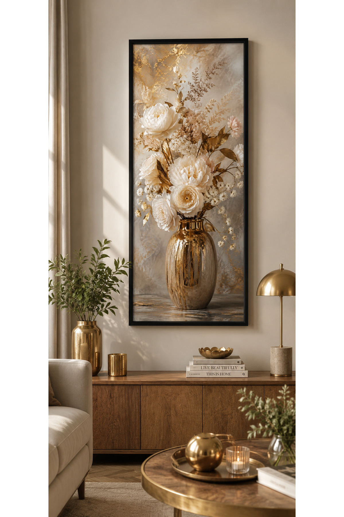 25x60 cm Gold Vazolu Çiçekli Tablo Siyah Çerçeveli Modern Dekoratif Duvar Tablosu