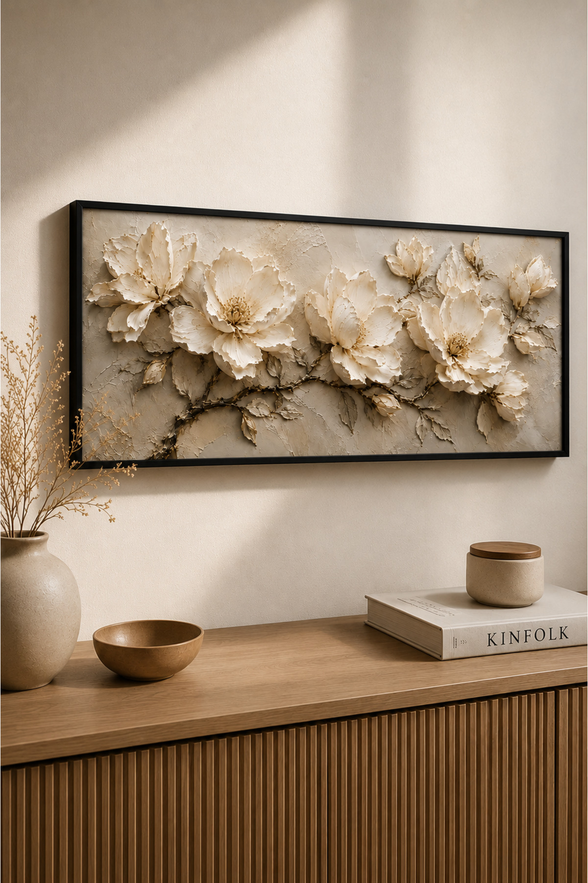 3D Dokulu Kabartma Görünümlü Beyaz Çiçekli Ahşap Tablo | 25x60 cm Siyah Çerçeveli UV Baskı Dekoratif Sanat