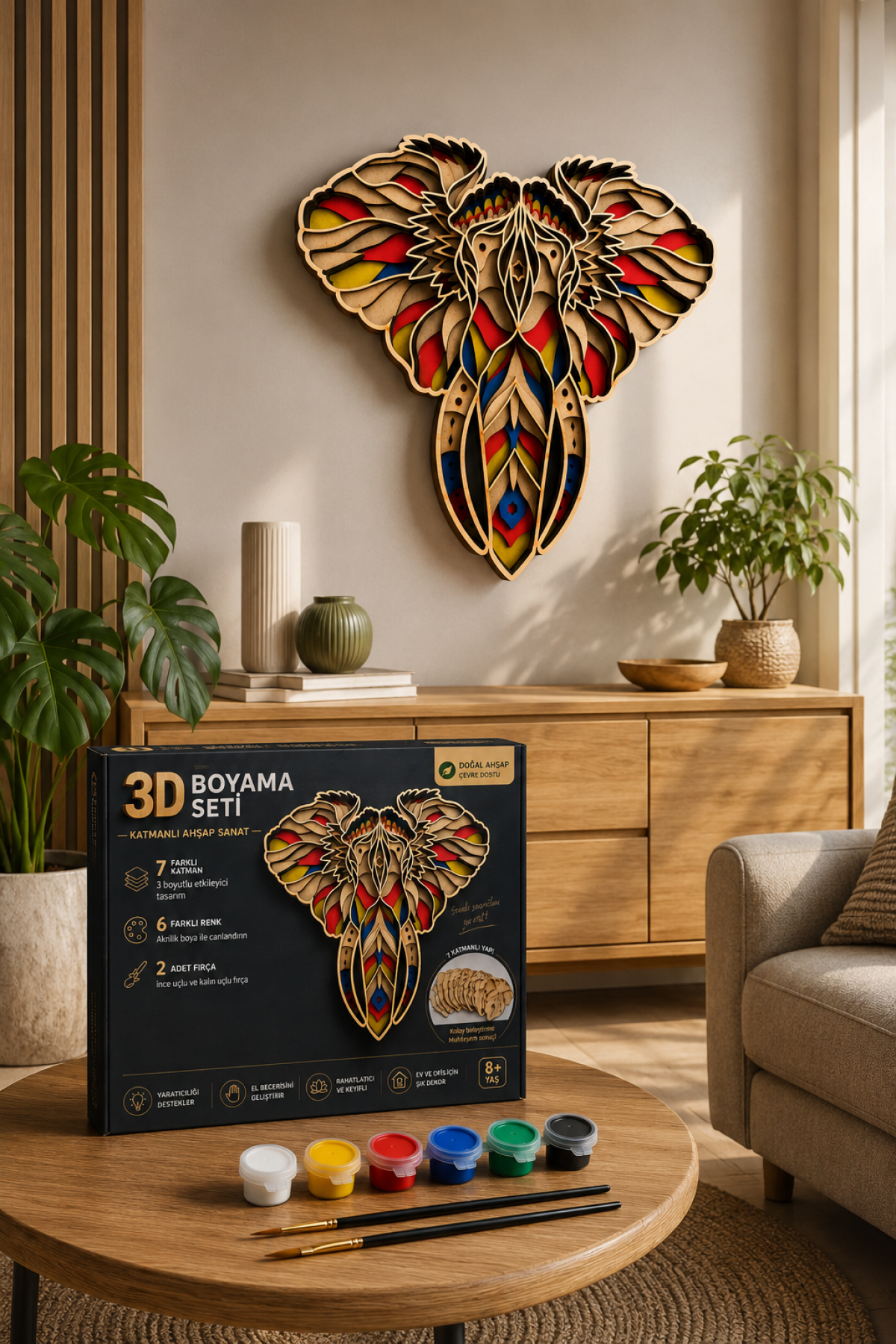 3D Fil Ahşap Boyama Seti – 7 Katmanlı Dekoratif Duvar Süsü | 6 Renk Akrilik Boya + 2 Fırça | Kendin Yap DIY Hobi Seti