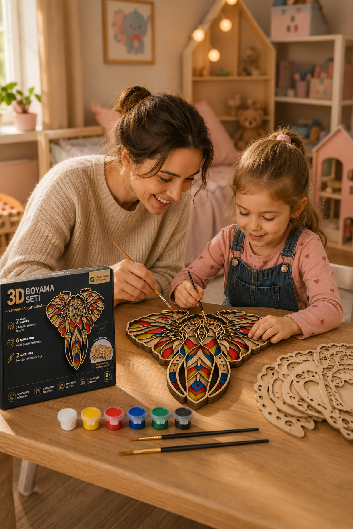 3D Fil Ahşap Boyama Seti – 7 Katmanlı Dekoratif Duvar Süsü | 6 Renk Akrilik Boya + 2 Fırça | Kendin Yap DIY Hobi Seti