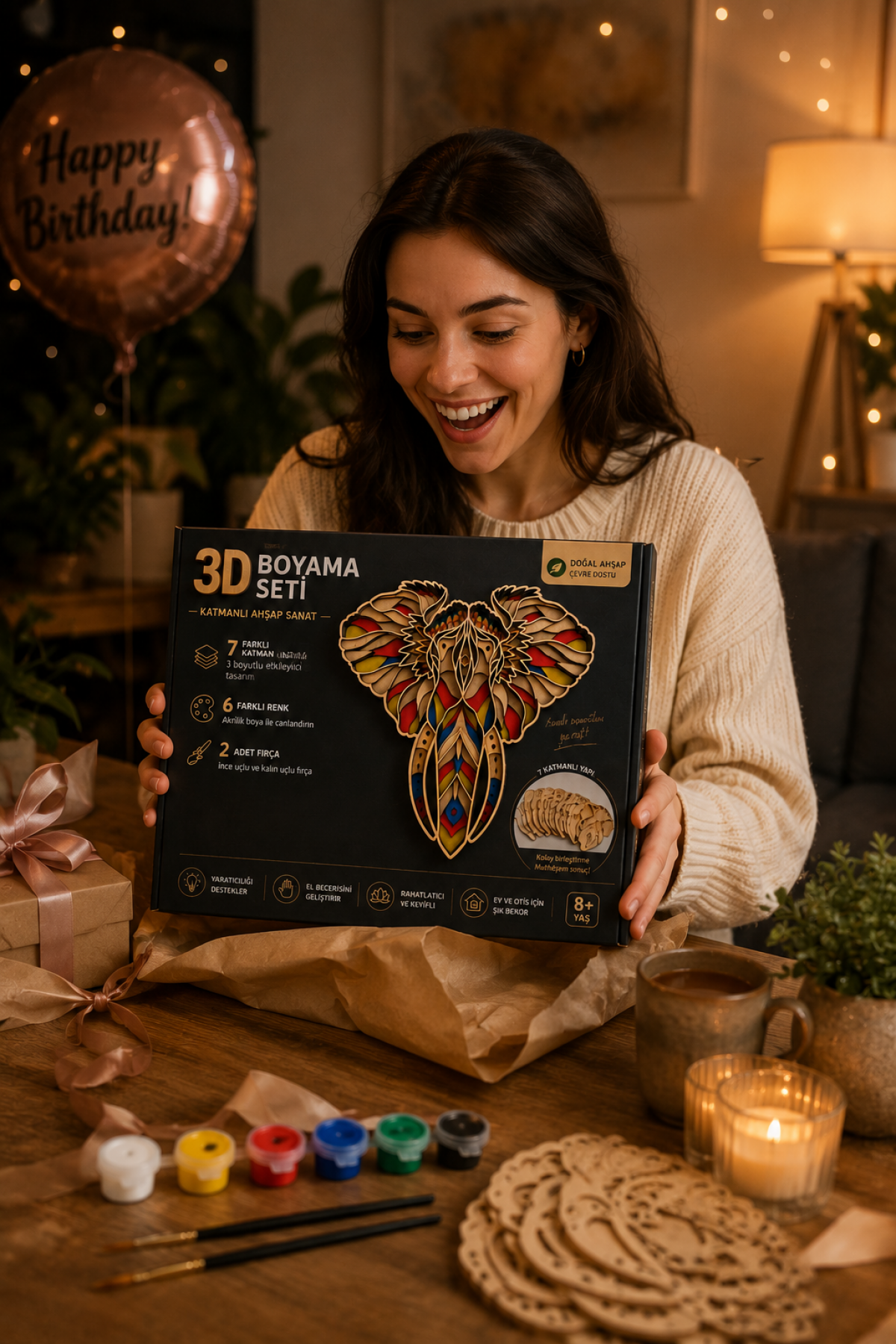 3D Fil Ahşap Boyama Seti – 7 Katmanlı Dekoratif Duvar Süsü | 6 Renk Akrilik Boya + 2 Fırça | Kendin Yap DIY Hobi Seti