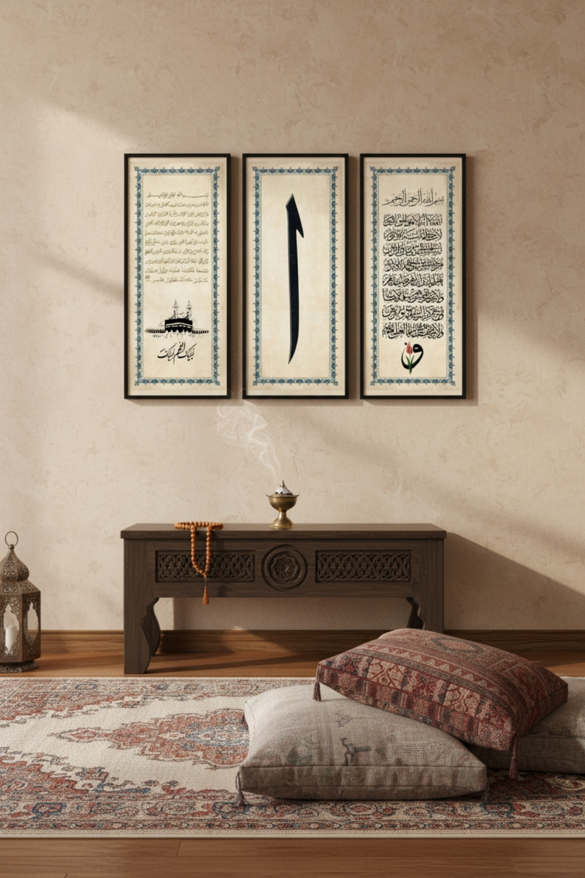 3’lü Dini Ahşap Tablo Seti | 25x60 cm Çerçeveli İslami Duvar Dekoru