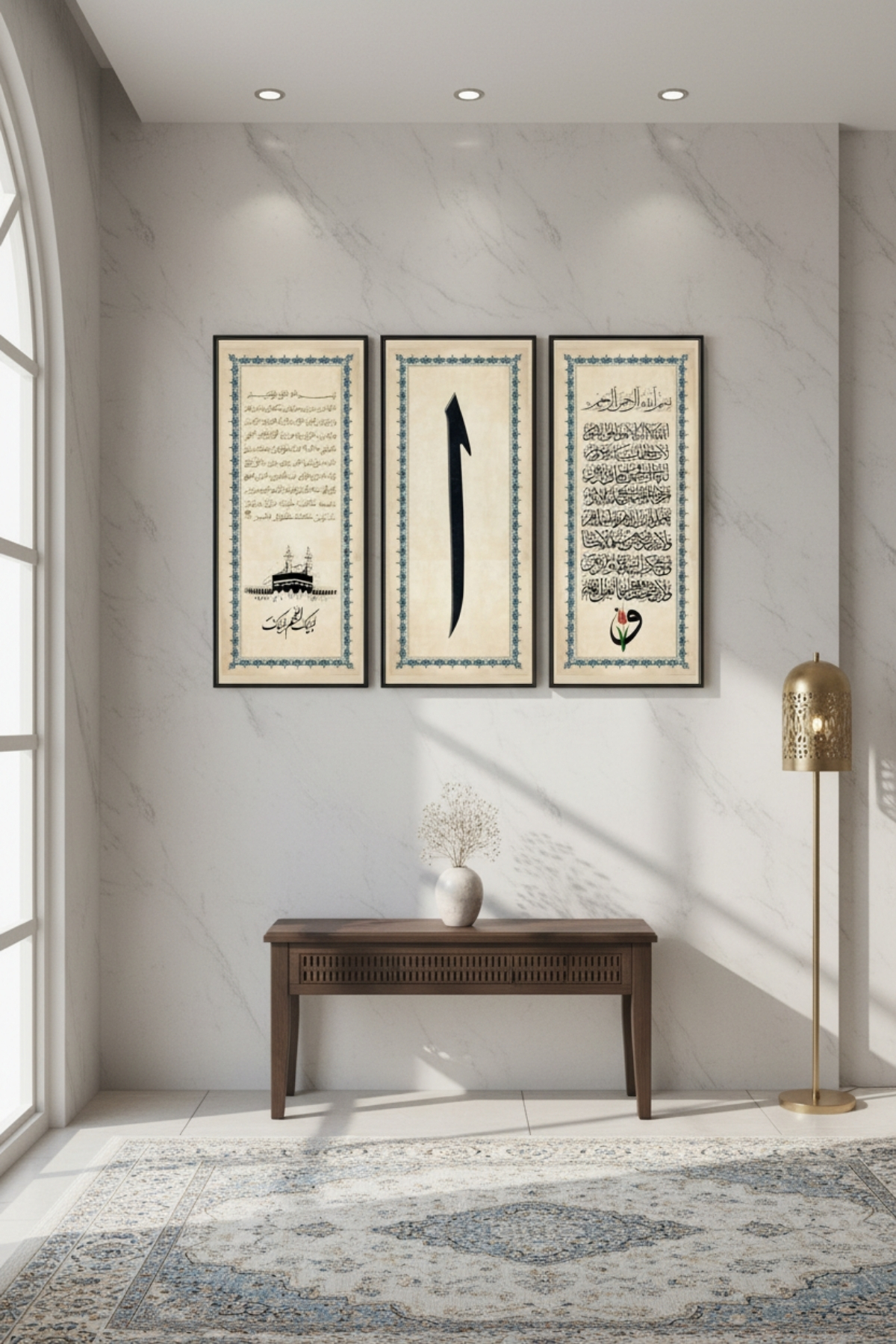 3’lü Dini Ahşap Tablo Seti | 25x60 cm Çerçeveli İslami Duvar Dekoru