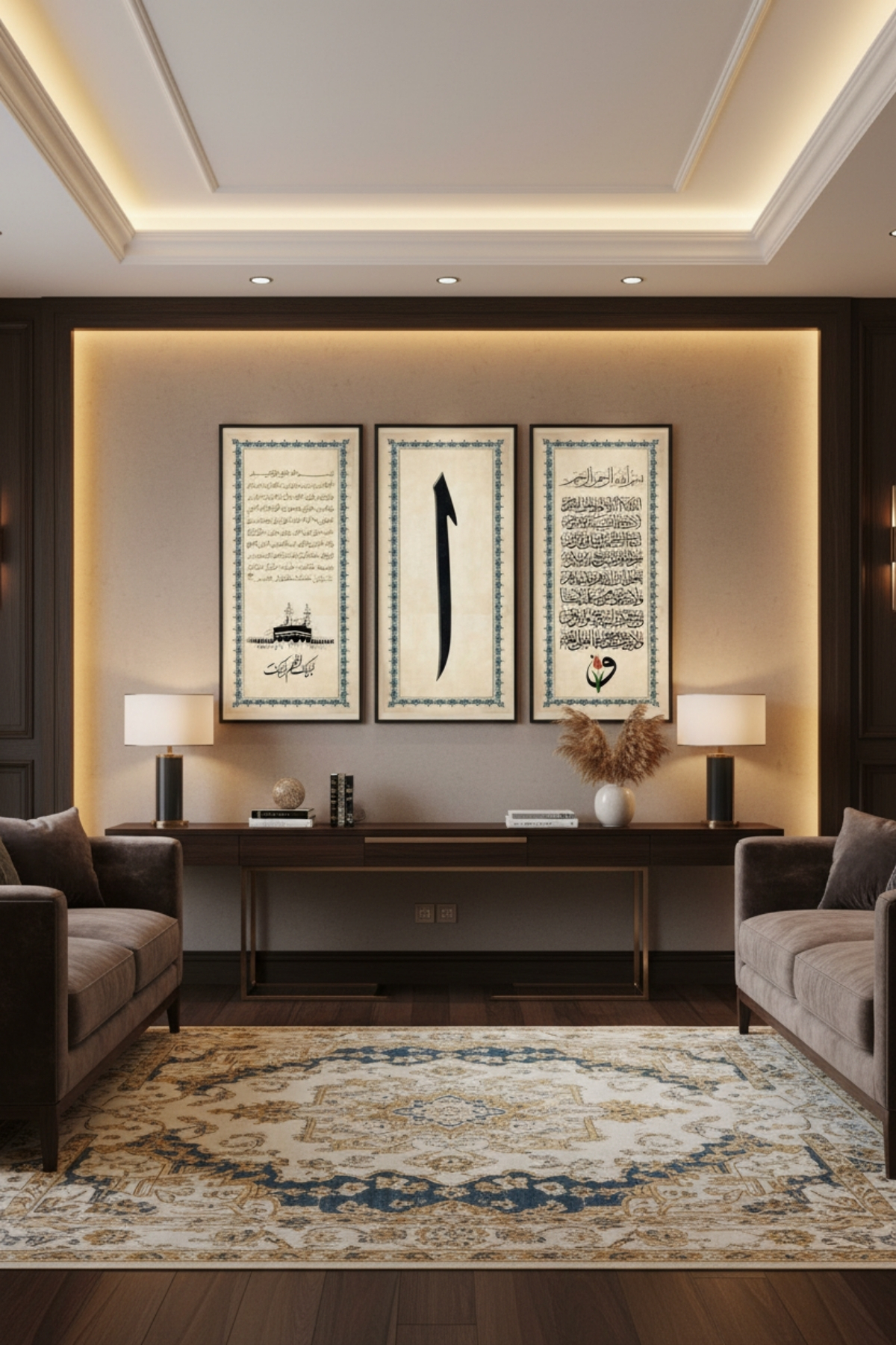 3’lü Dini Ahşap Tablo Seti | 25x60 cm Çerçeveli İslami Duvar Dekoru