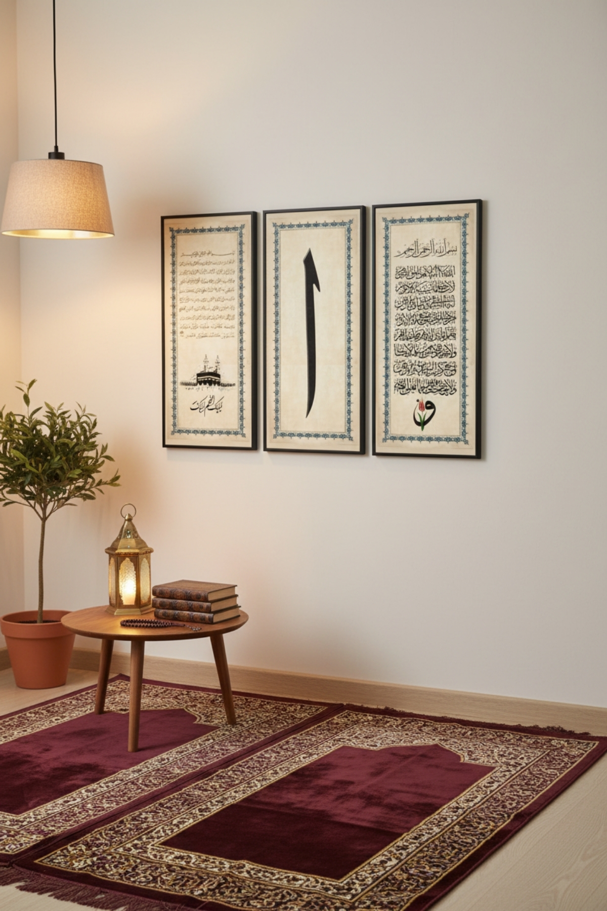 3’lü Dini Ahşap Tablo Seti | 25x60 cm Çerçeveli İslami Duvar Dekoru