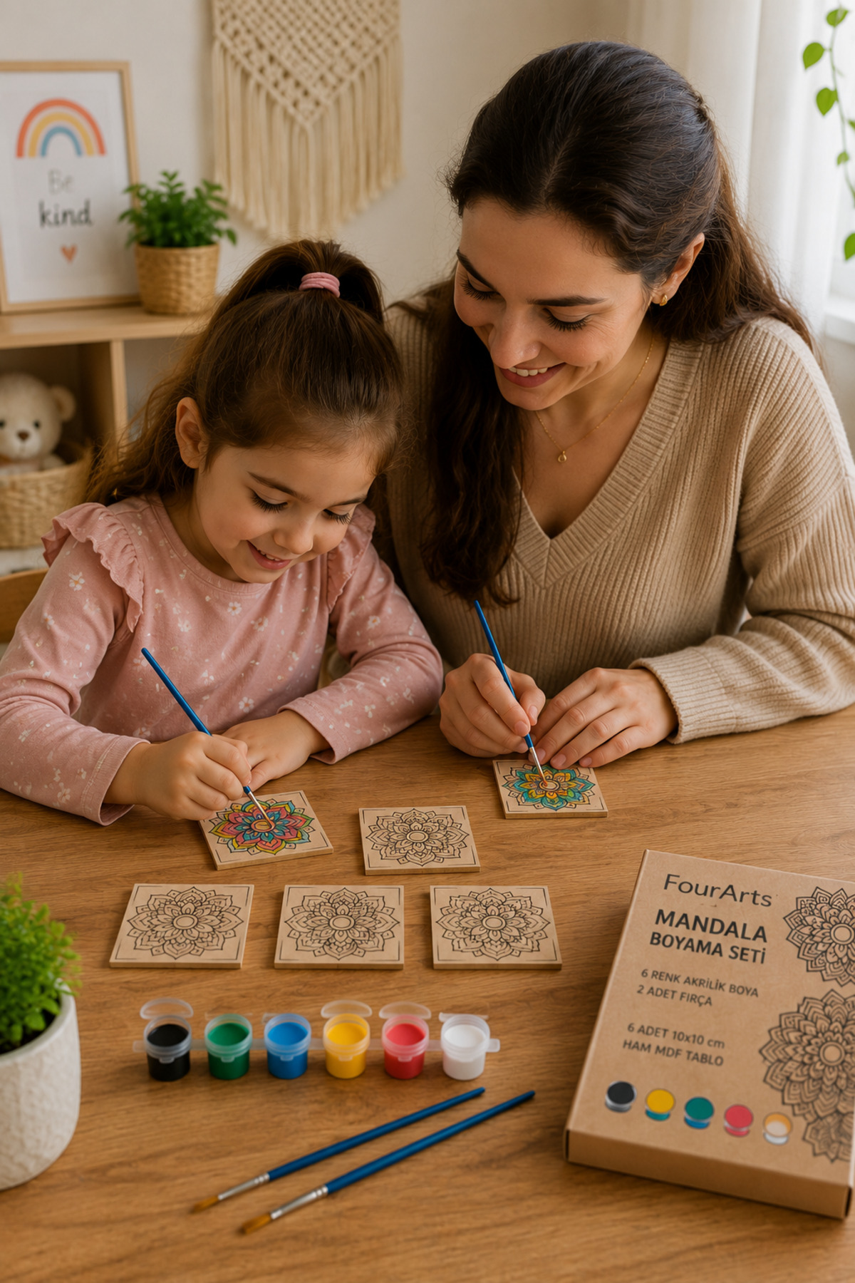 6 Parçalı Ahşap Mandala Bardak Altlığı Boyama Seti | 10x10 cm MDF | 6 Akrilik Boya + 2 Fırça + EVA Taban | Kendin Boya Hobi Seti