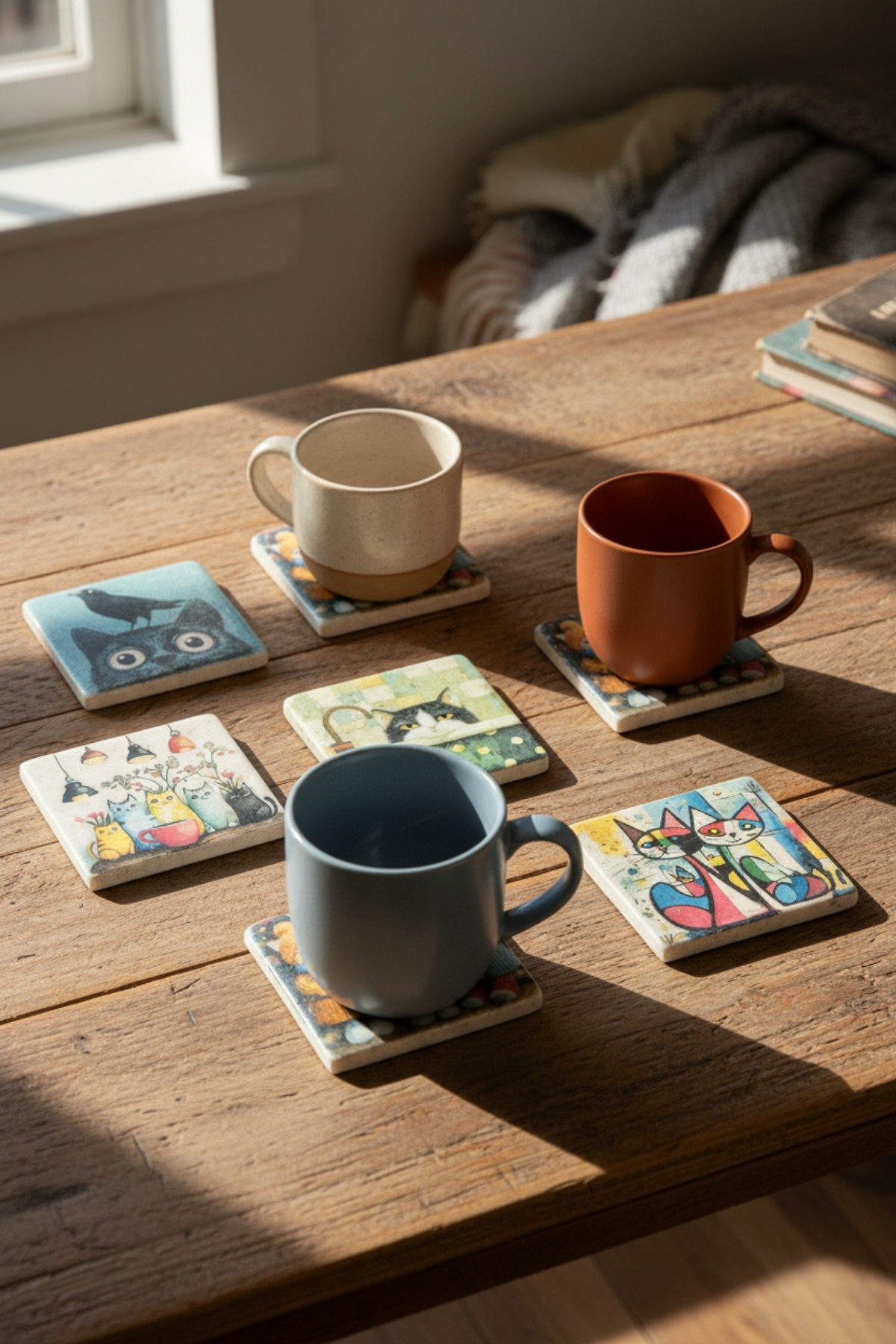 6’lı Kedi İllüstrasyonlu Kare Mermer Bardak Altlığı Seti | Şık Dekoratif ve Hediyelik Tasarım