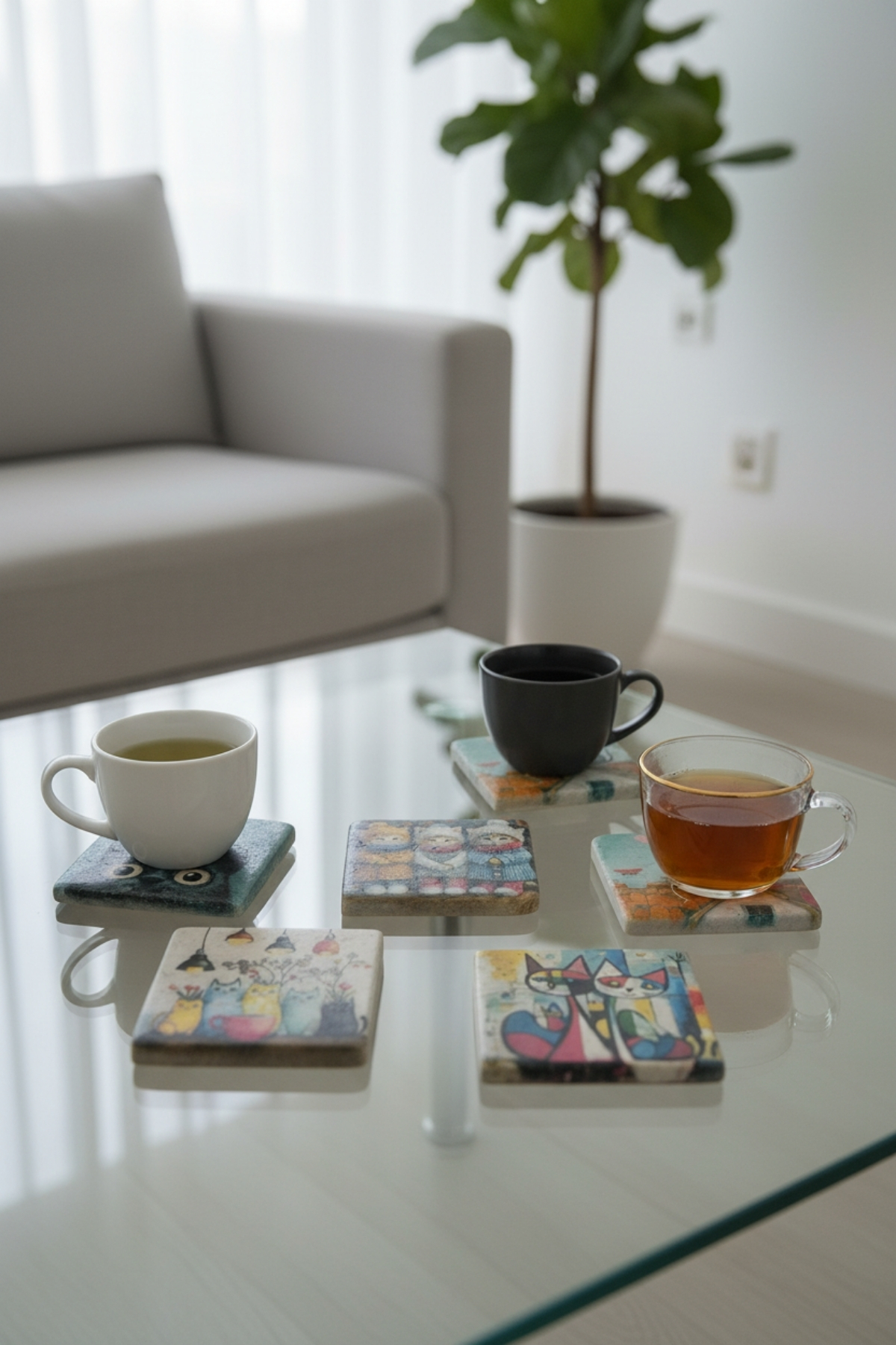 6’lı Kedi İllüstrasyonlu Kare Mermer Bardak Altlığı Seti | Şık Dekoratif ve Hediyelik Tasarım