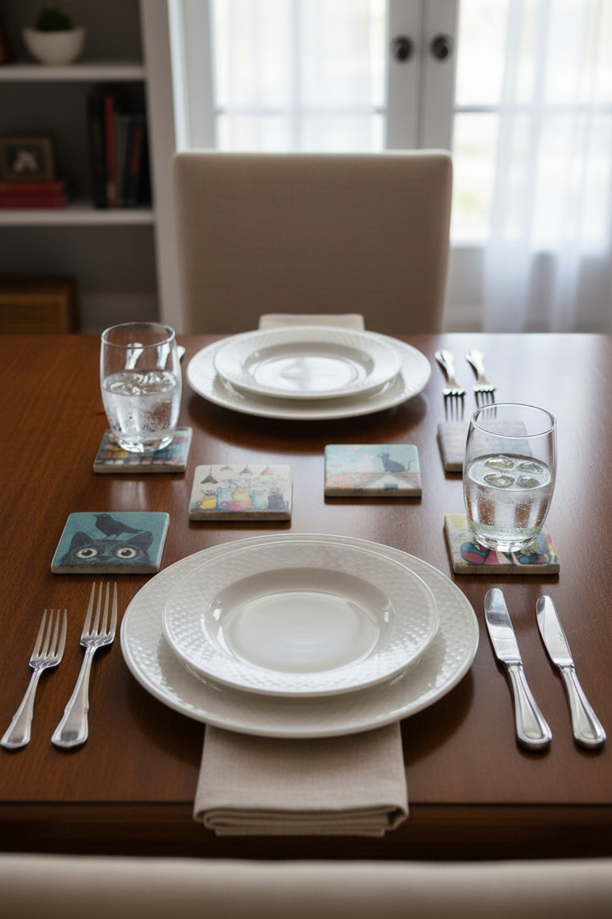 6’lı Kedi İllüstrasyonlu Kare Mermer Bardak Altlığı Seti | Şık Dekoratif ve Hediyelik Tasarım