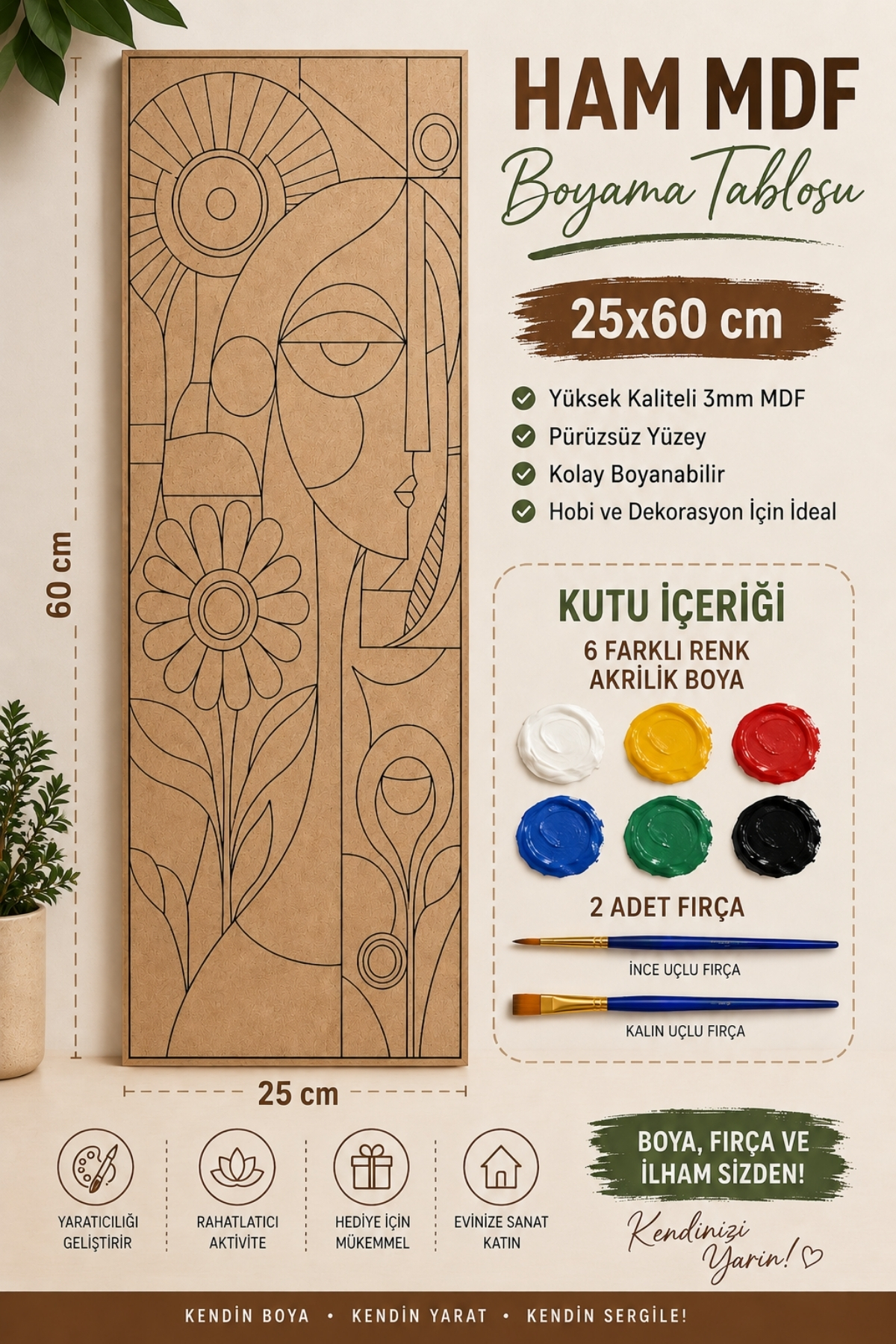 Ahşap Boyama Seti 25x60 cm 6 Renk Akrilik Boya ve 2 Fırça Dahil Dekoratif Tablo