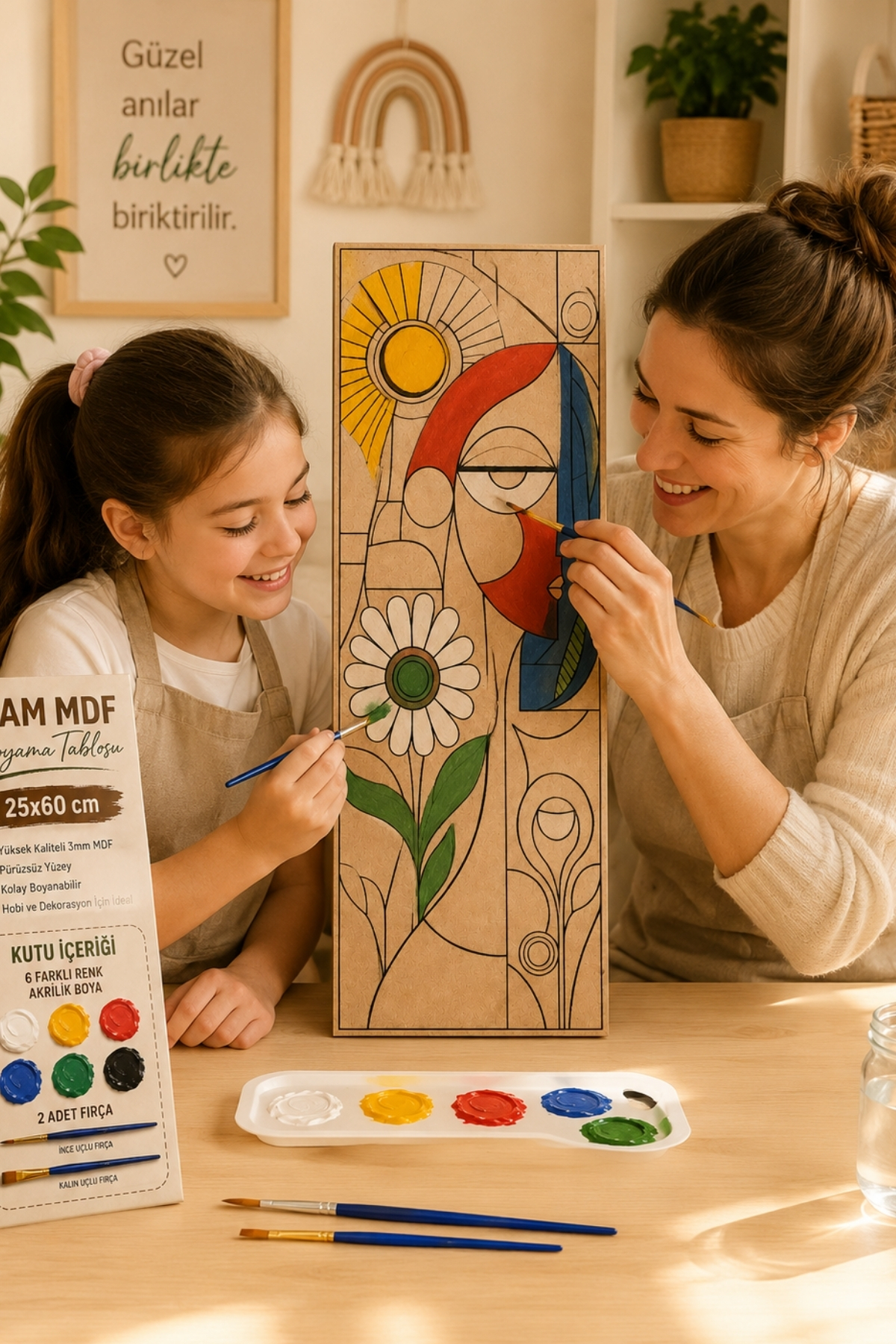 Ahşap Boyama Seti 25x60 cm 6 Renk Akrilik Boya ve 2 Fırça Dahil Dekoratif Tablo