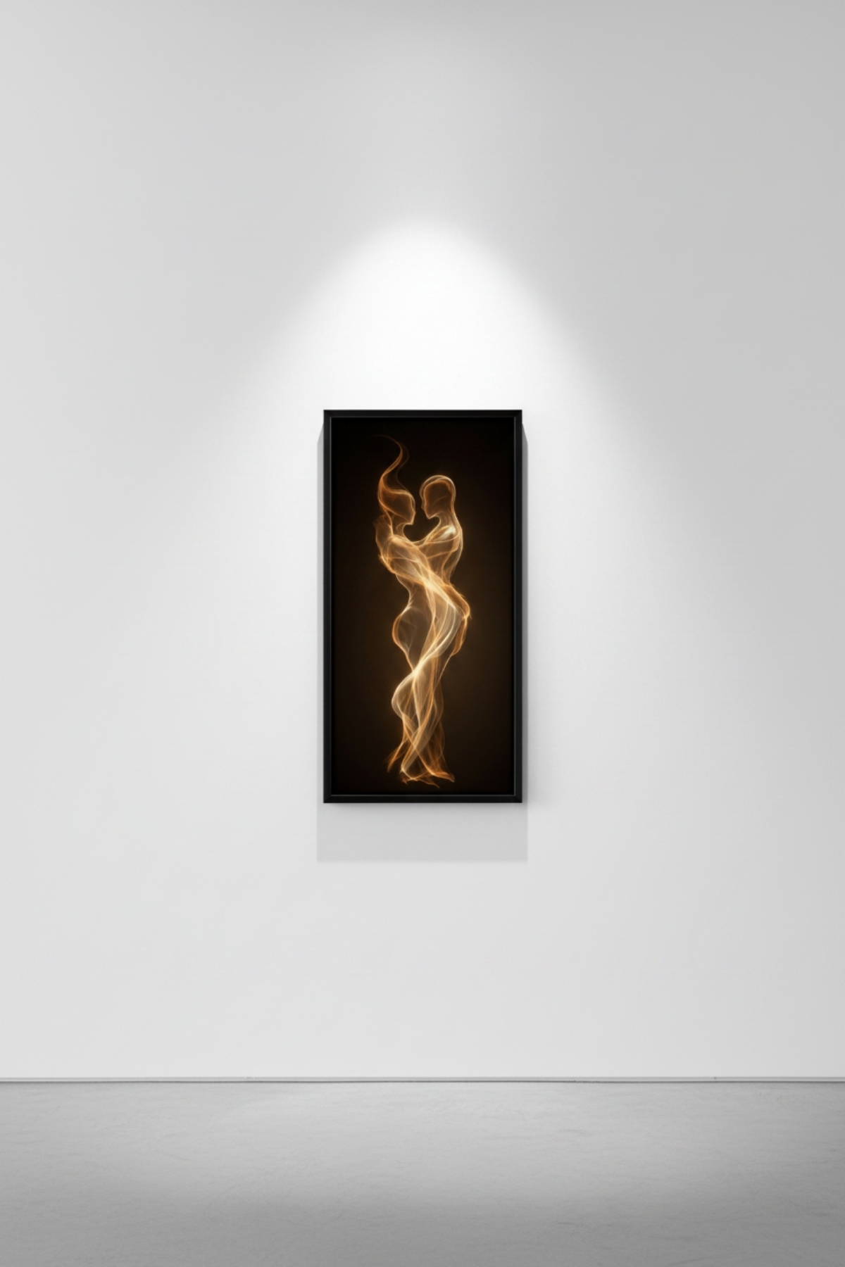 Altın Işık Soyut Aşk Tablosu – Modern Siyah Çerçeveli Dekoratif Duvar Tablosu | Salon, Yatak Odası ve Ofis Dekoru