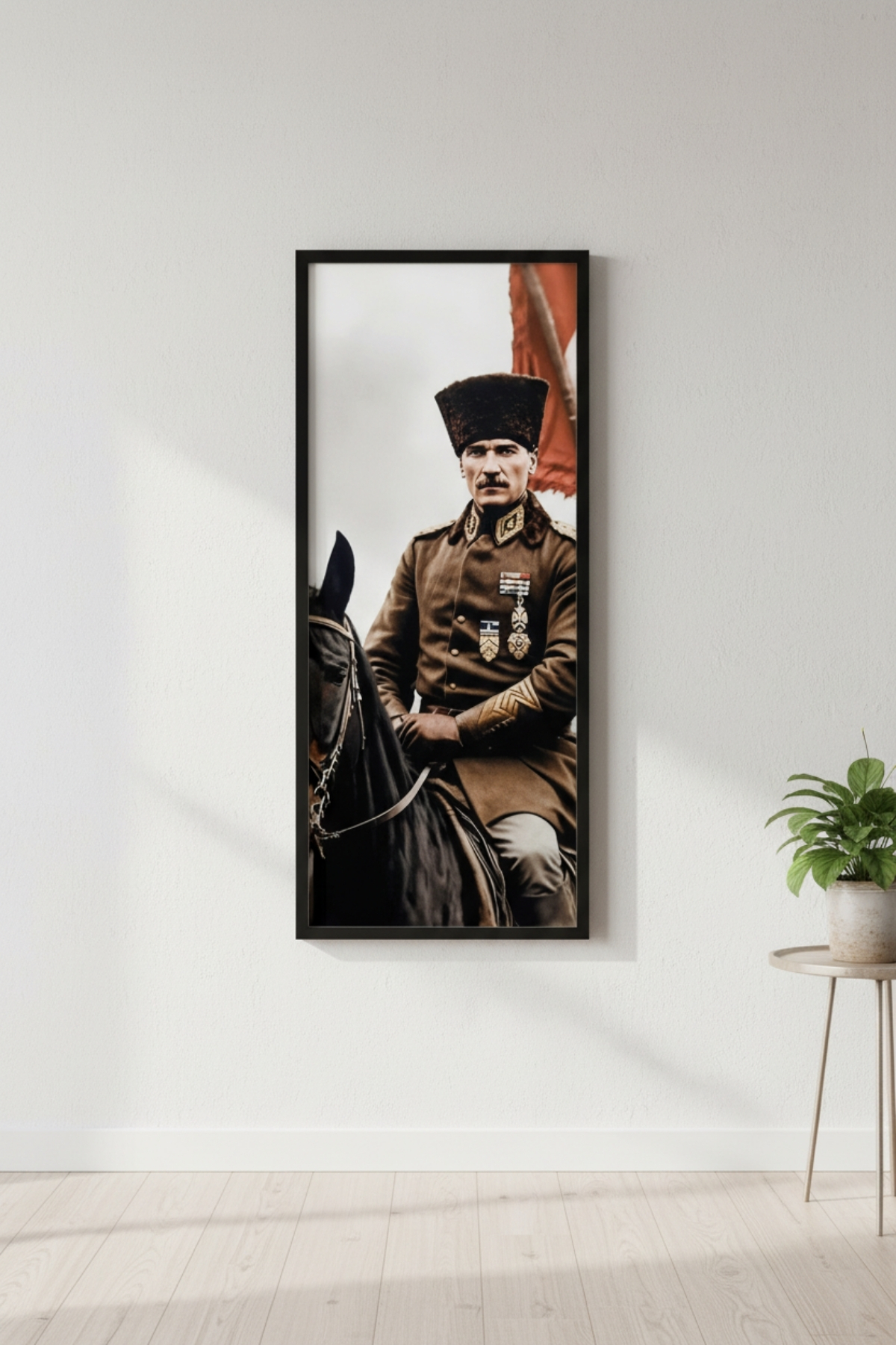 Atatürk At Üstünde Tablo 25x60 cm Dikey Siyah Çerçeveli Duvar Dekoru | Ofis, Okul ve Ev İçin