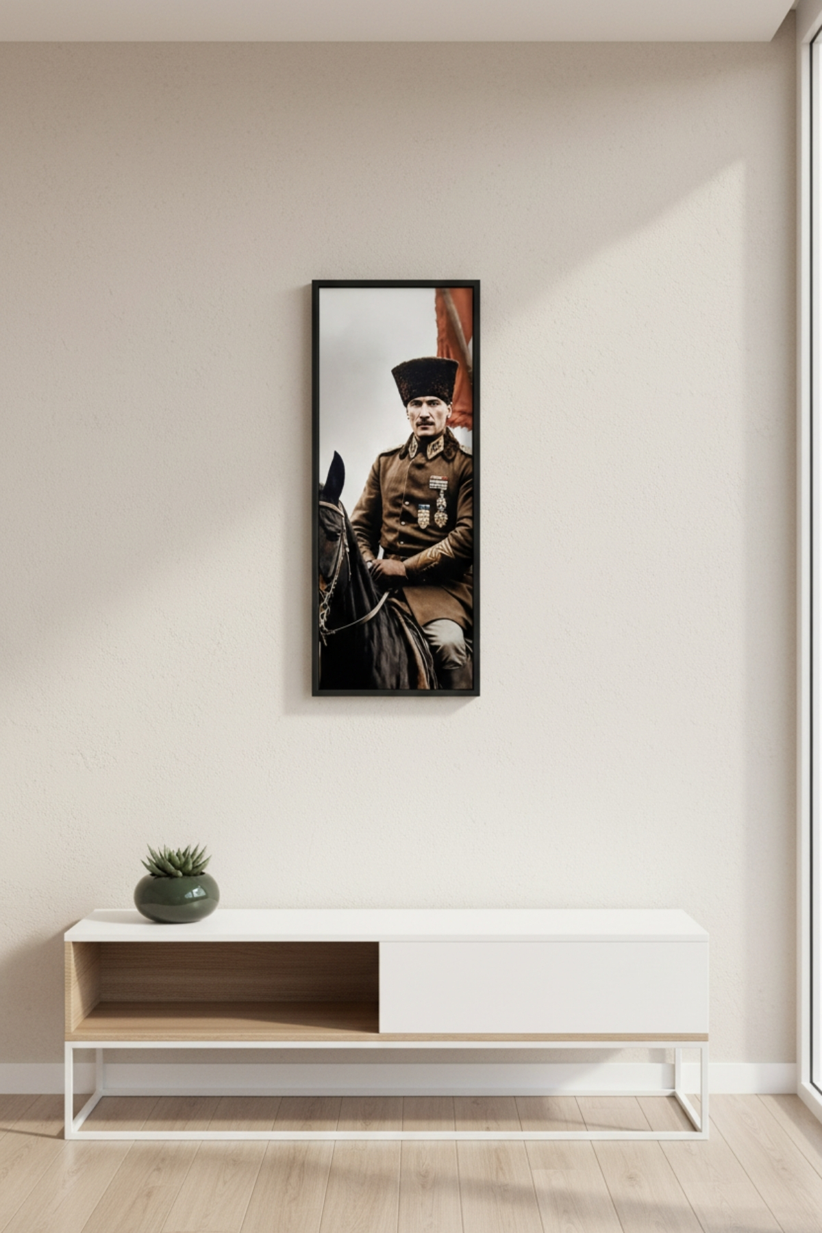 Atatürk At Üstünde Tablo 25x60 cm Dikey Siyah Çerçeveli Duvar Dekoru | Ofis, Okul ve Ev İçin