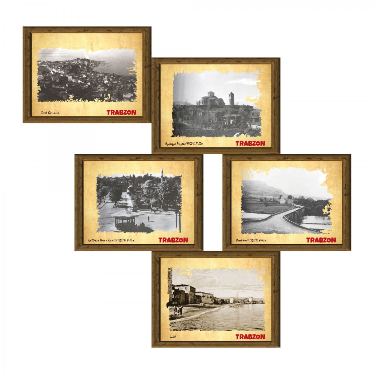 Eski Trabzon 13,5x18 cm Çerçeve Görünümlü 5'li Ahşap Tablo Seti, Siyah Beyaz Tablo Eski Trabzon 13,5x18 cm Çerçeve Görünümlü 5'li Ahşap Tablo Seti, Siyah Beyaz Tablo