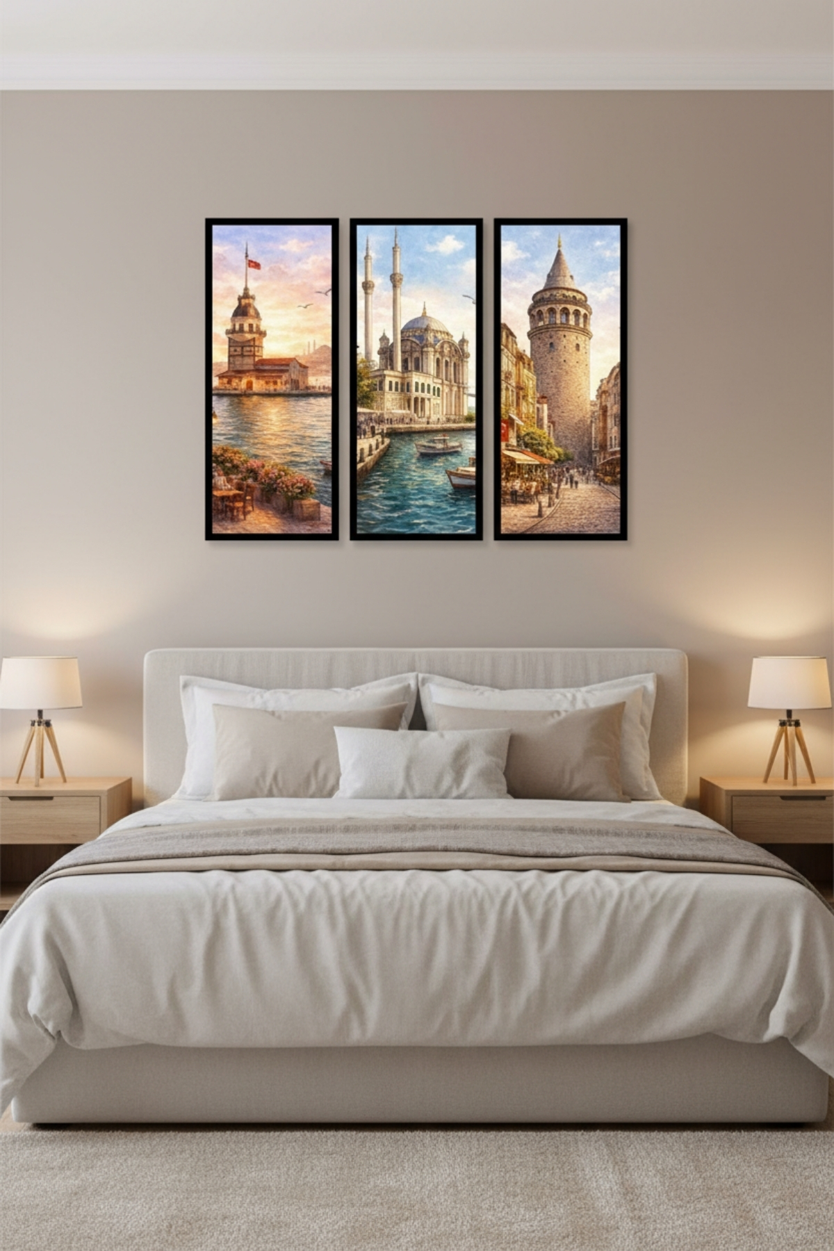 İstanbul 3'lü Tablo Seti Çerçeveli Kız Kulesi Galata Kulesi Ortaköy Camii Duvar Dekoru