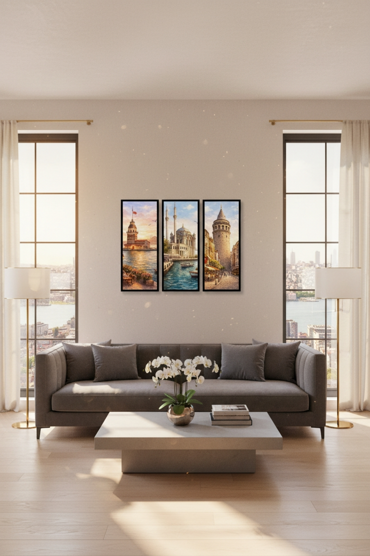 İstanbul 3'lü Tablo Seti Çerçeveli Kız Kulesi Galata Kulesi Ortaköy Camii Duvar Dekoru