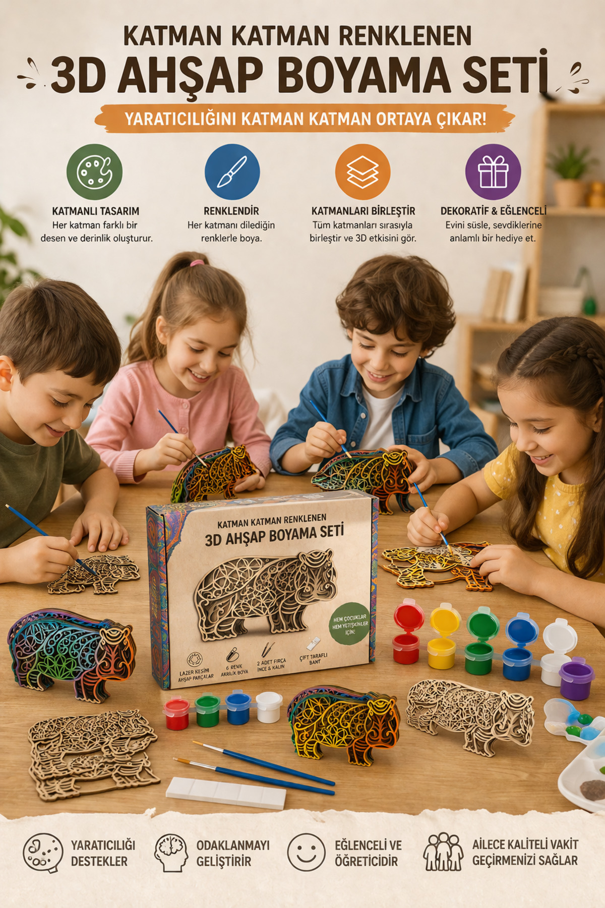 Katmanlı Ahşap Boyama Seti – 3D Mandala Tasarım | 6 Renk Akrilik Boya + Fırça Seti | Çocuk & Yetişkin Hobi ve Etkinlik Seti