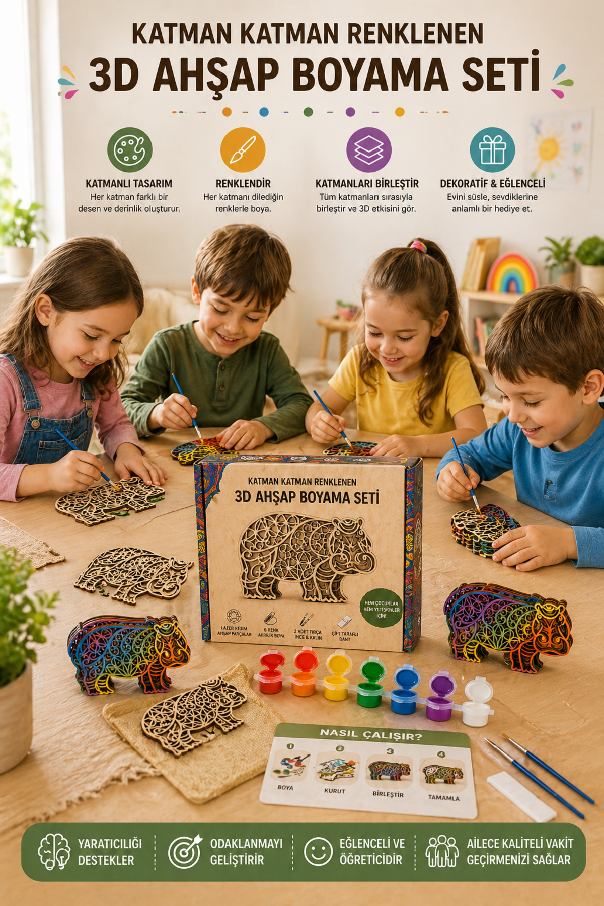 Katmanlı Ahşap Boyama Seti – 3D Mandala Tasarım | 6 Renk Akrilik Boya + Fırça Seti | Çocuk & Yetişkin Hobi ve Etkinlik Seti