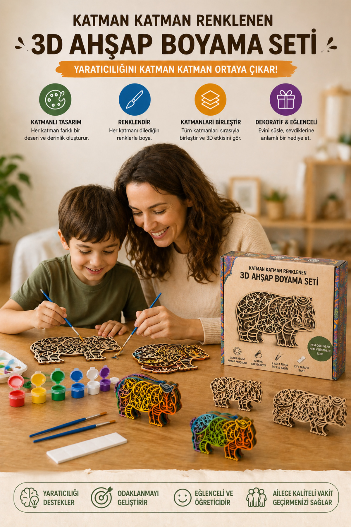 Katmanlı Ahşap Boyama Seti – 3D Mandala Tasarım | 6 Renk Akrilik Boya + Fırça Seti | Çocuk & Yetişkin Hobi ve Etkinlik Seti Katmanlı Ahşap Boyama Seti – 3D Mandala Tasarım | 6 Renk Akrilik Boya + Fırça Seti | Çocuk & Yetişkin Hobi ve Etkinlik Seti