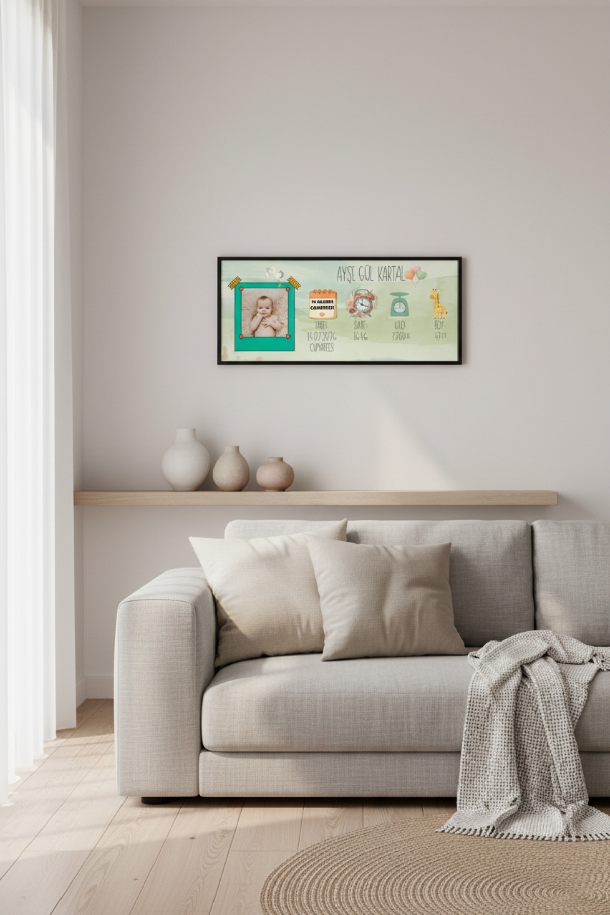 Kişiye Özel Bebek Doğum Tablosu 60x25 cm Çerçeveli | İsimli Bebek Odası Duvar Dekoru