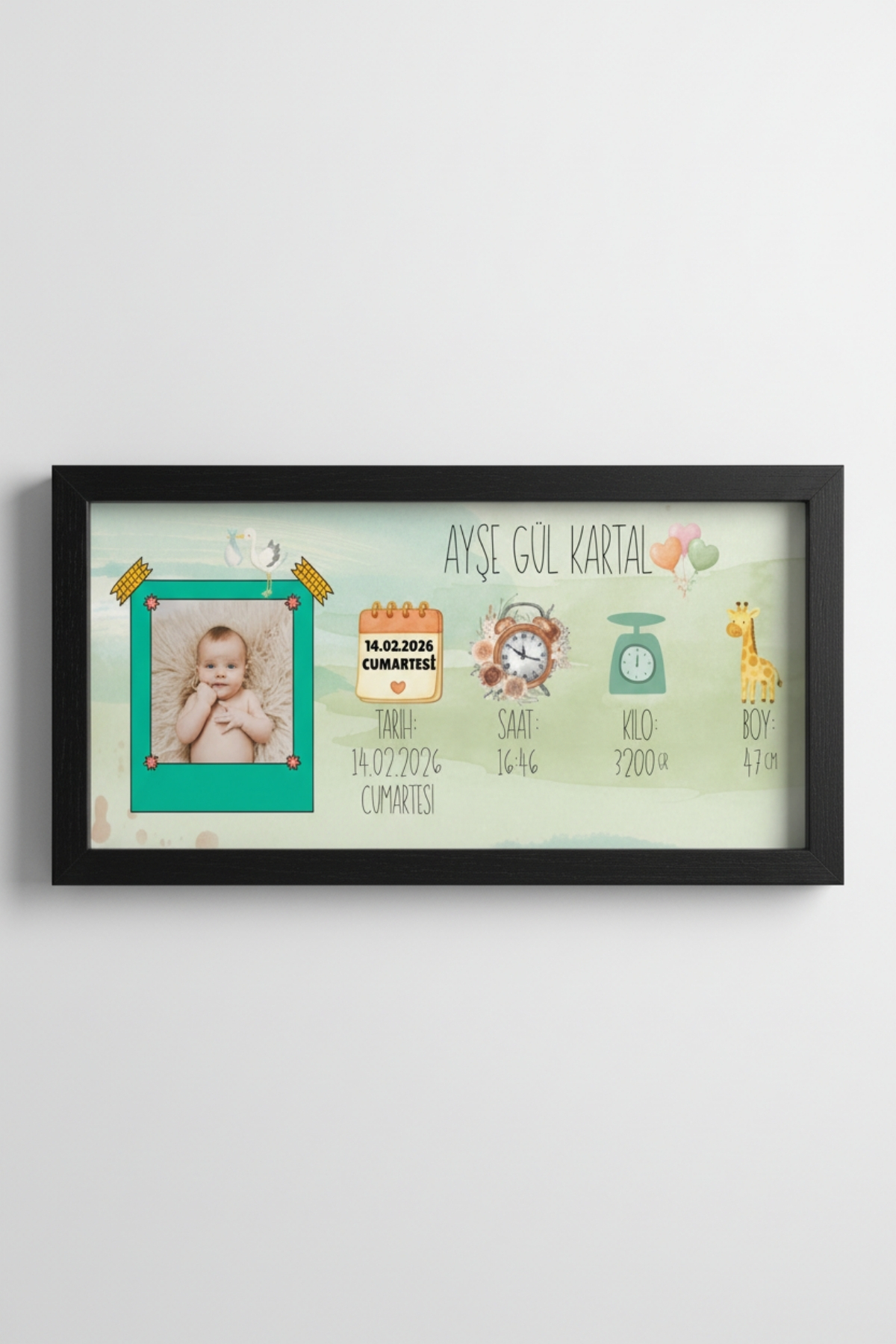Kişiye Özel Bebek Doğum Tablosu 60x25 cm Çerçeveli | İsimli Bebek Odası Duvar Dekoru