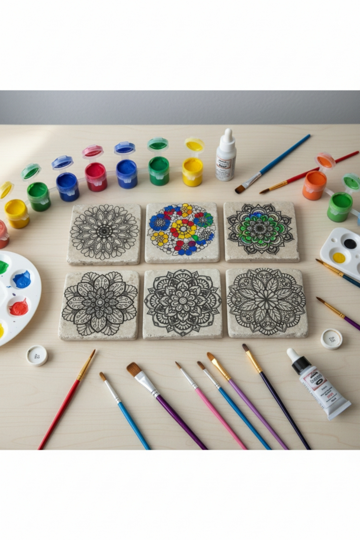 Mandala Boyama Seti – 6’lı 10x10 cm Doğal Mermer Mandala Taşları, EVA Tabanlı Bardak Altlığı