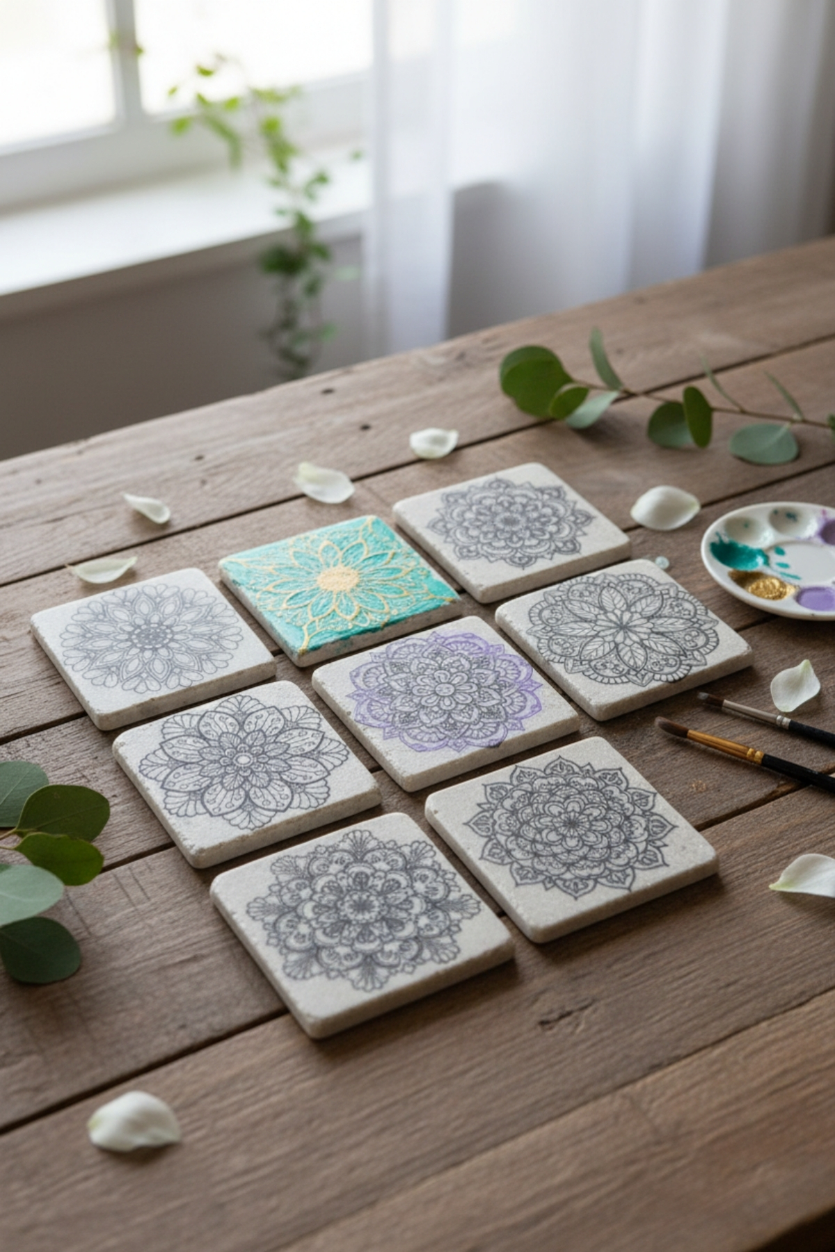 Mandala Boyama Seti – 6’lı 10x10 cm Doğal Mermer Mandala Taşları, EVA Tabanlı Bardak Altlığı