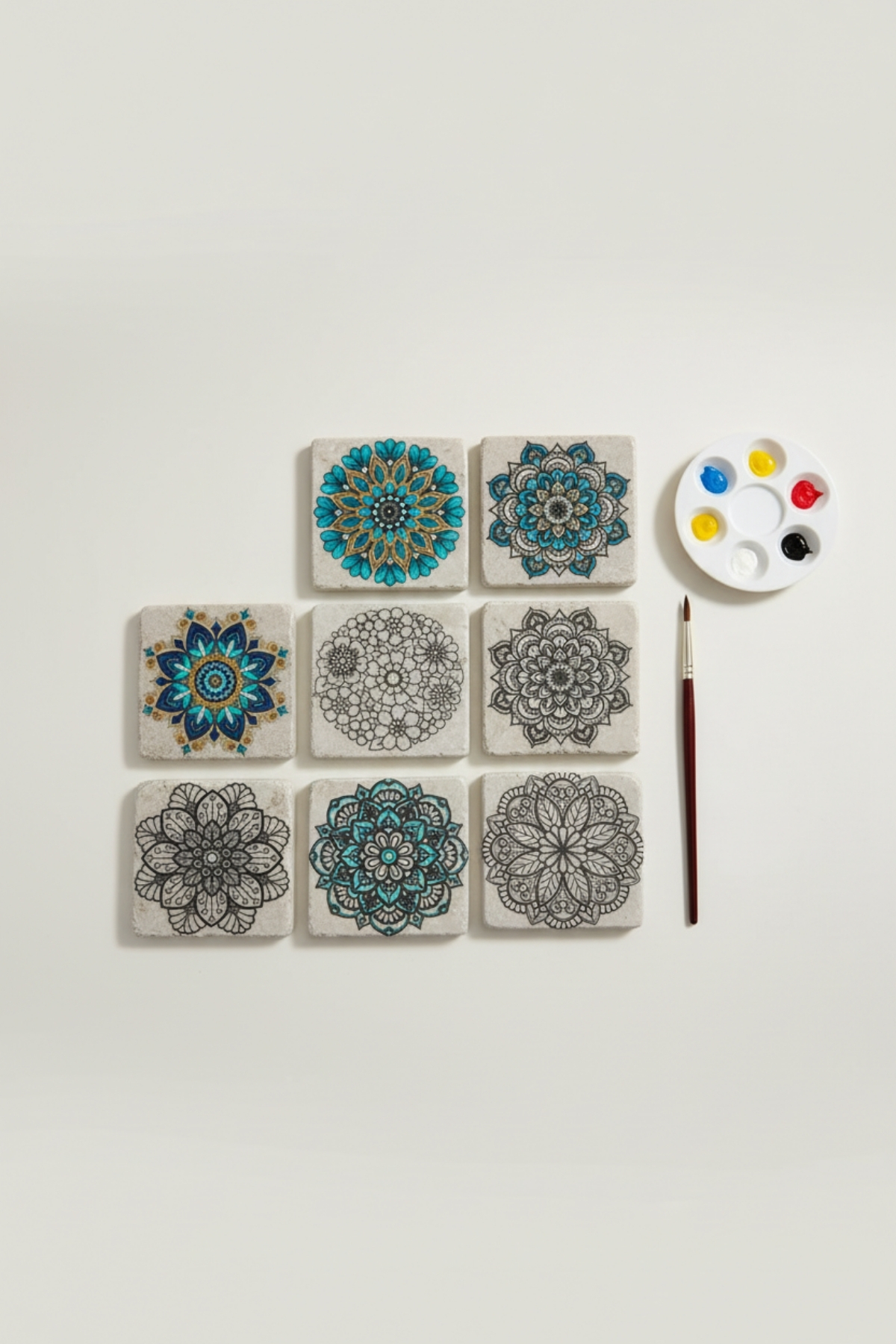 Mandala Boyama Seti – 6’lı 10x10 cm Doğal Mermer Mandala Taşları, EVA Tabanlı Bardak Altlığı