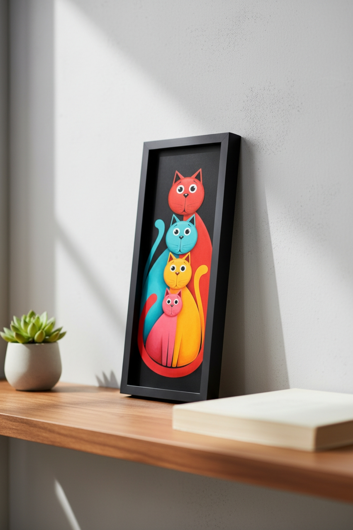 Modern Renkli Kedi Tablosu 25x60 cm Çerçeveli Minimal Duvar Dekoru