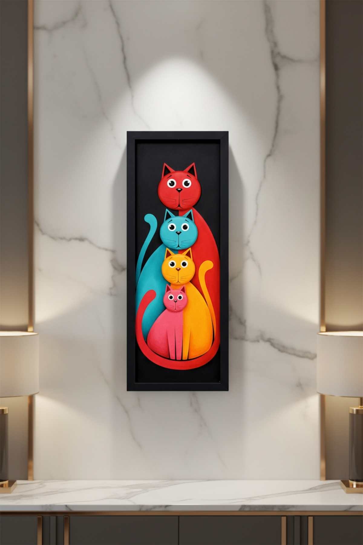 Modern Renkli Kedi Tablosu 25x60 cm Çerçeveli Minimal Duvar Dekoru