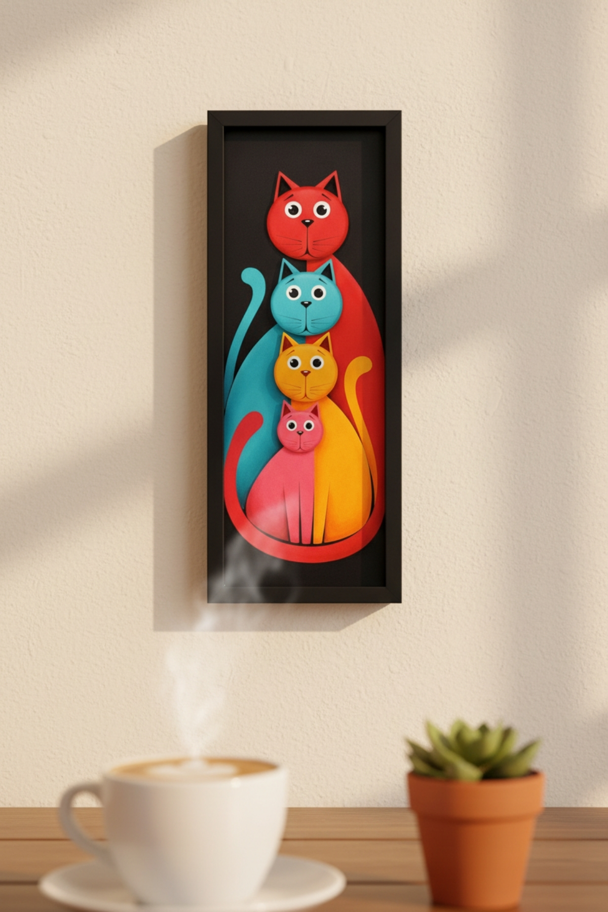 Modern Renkli Kedi Tablosu 25x60 cm Çerçeveli Minimal Duvar Dekoru