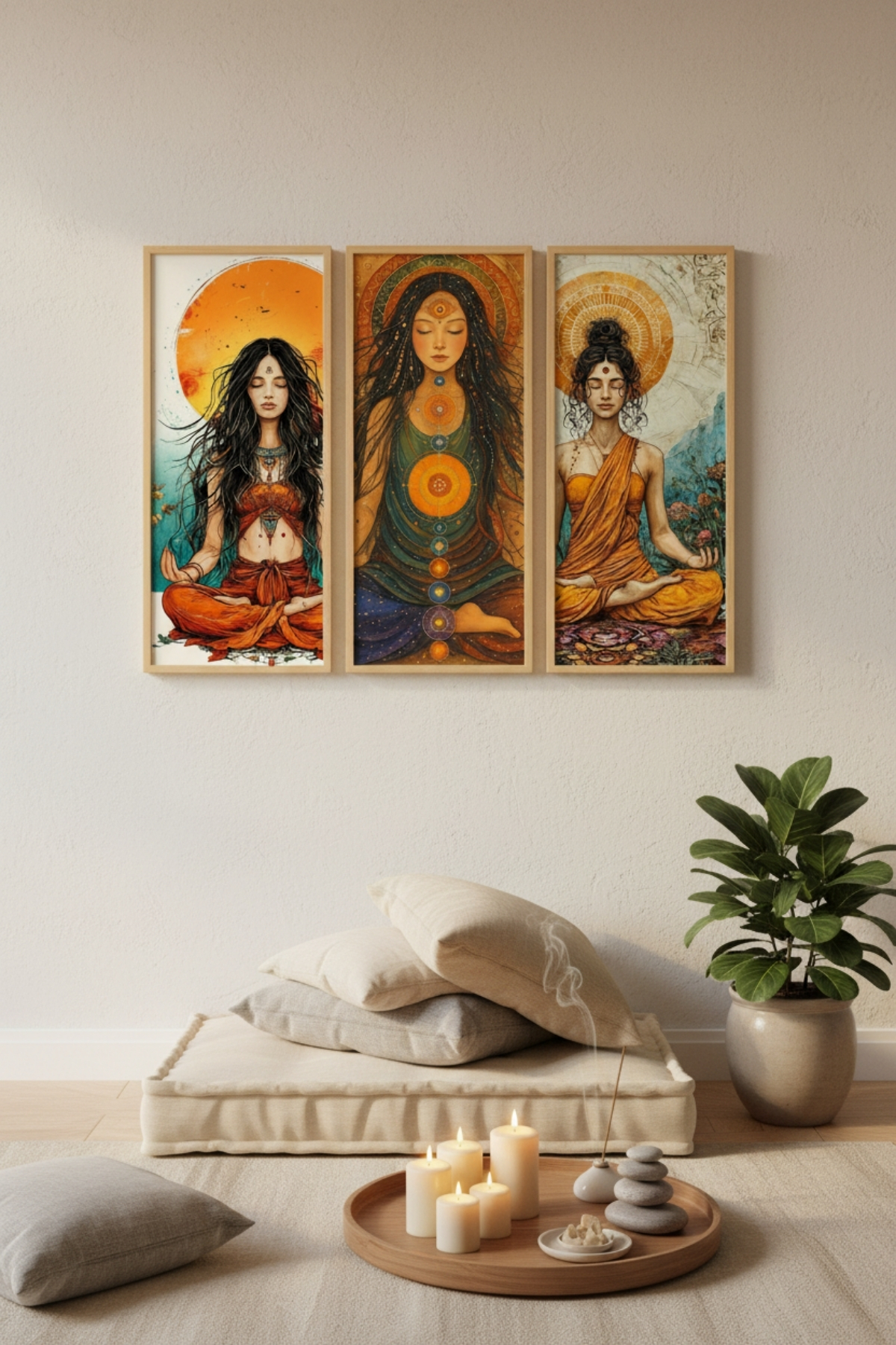 Yoga Tablosu 3’lü Set | 60x25 cm Dikey MDF Meditasyon & Yoga Temalı Duvar Tablosu