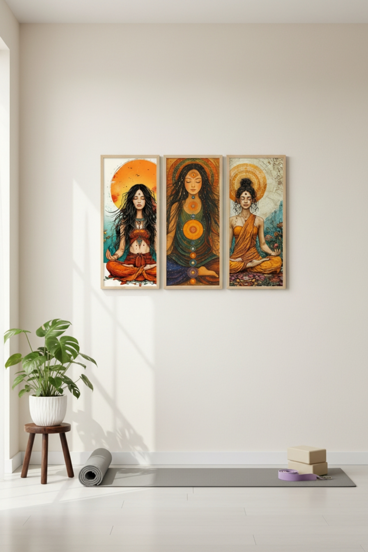 Yoga Tablosu 3’lü Set | 60x25 cm Dikey MDF Meditasyon & Yoga Temalı Duvar Tablosu