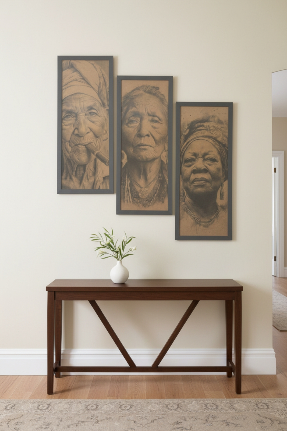 Zamanın İzleri - 3'lü Triptik Tablo, Yaşlı Kadın Figürlü Sanat Eseri, 25x60 cm Çerçeveli