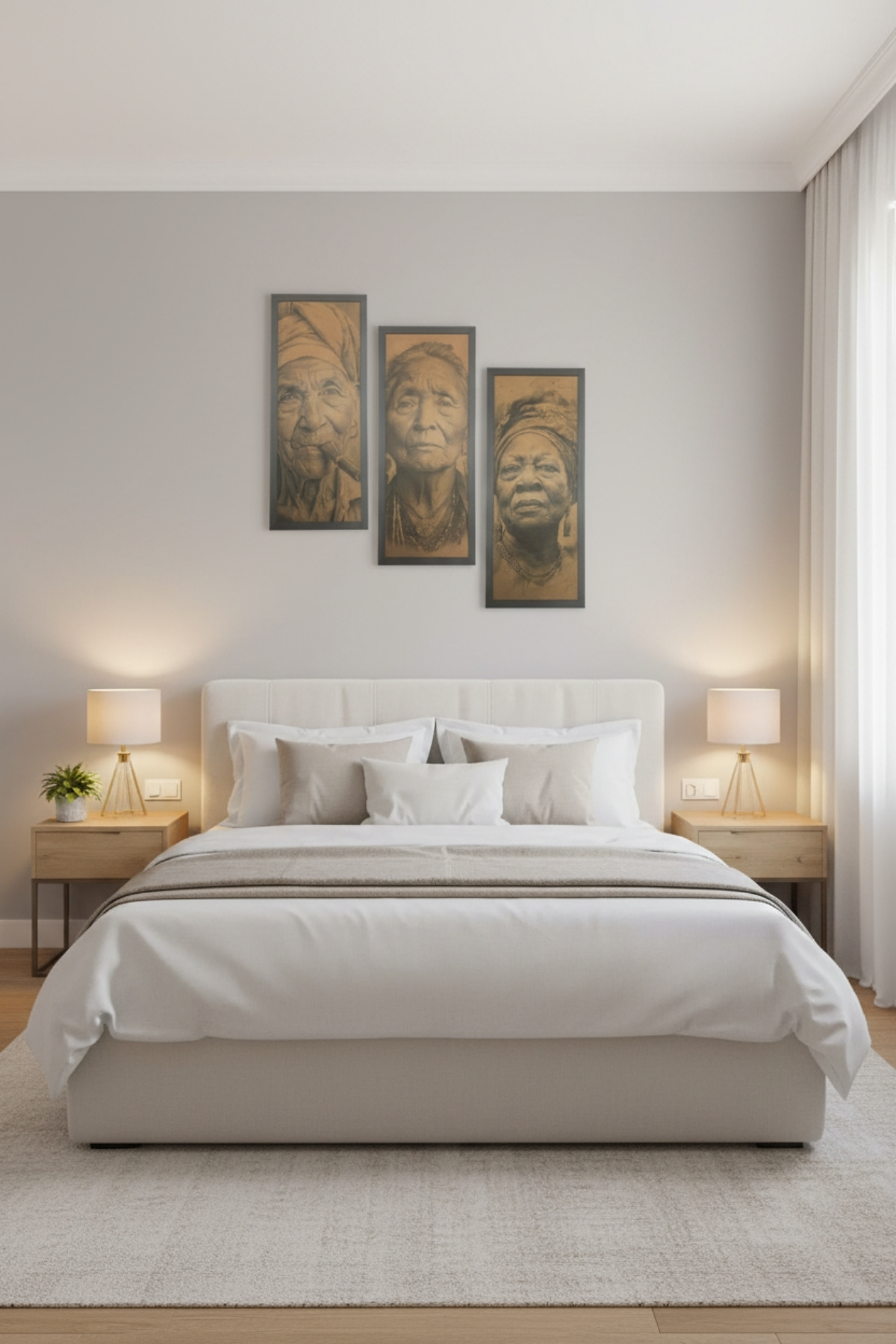 Zamanın İzleri - 3'lü Triptik Tablo, Yaşlı Kadın Figürlü Sanat Eseri, 25x60 cm Çerçeveli