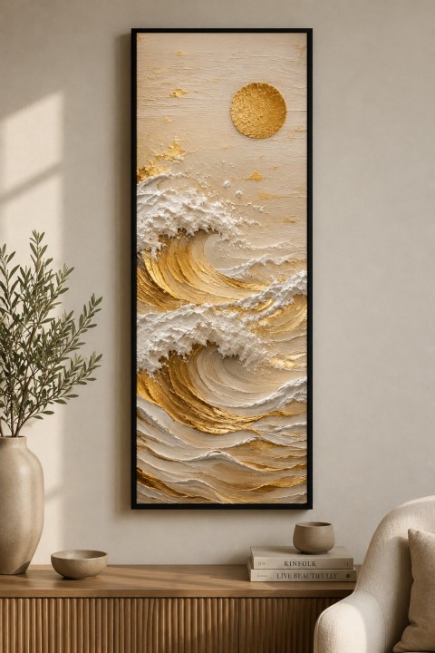 25x60 cm Altın Dokulu Okyanus Dalgaları Tablosu | Siyah Ahşap Çerçeveli Lüks Modern Duvar Dekoru
