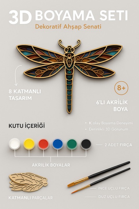 3D Boyama Seti 8 Katmanlı 6'lı Akrilik Boya Fırçalı