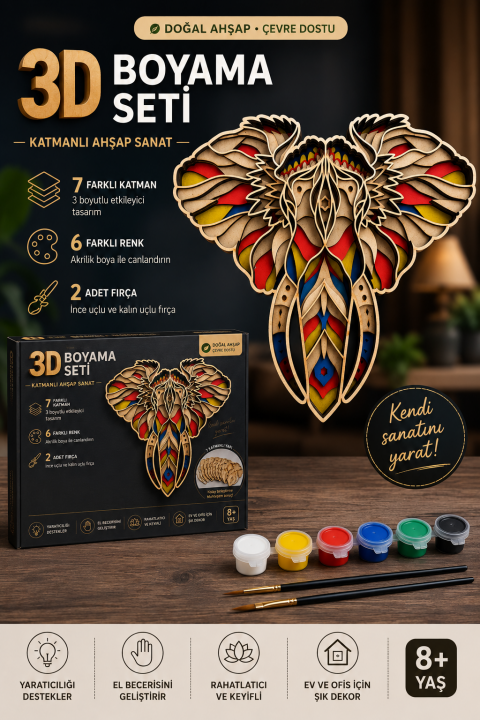3D Fil Ahşap Boyama Seti – 7 Katmanlı Dekoratif Duvar Süsü | 6 Renk Akrilik Boya + 2 Fırça | Kendin Yap DIY Hobi Seti
