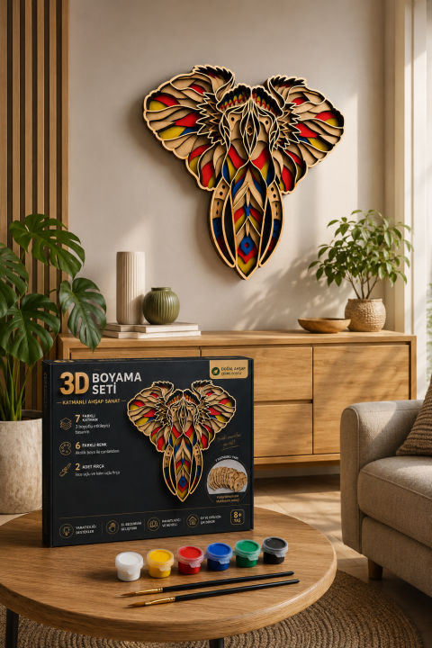 3D Fil Ahşap Boyama Seti – 7 Katmanlı Dekoratif Duvar Süsü | 6 Renk Akrilik Boya + 2 Fırça | Kendin Yap DIY Hobi Seti