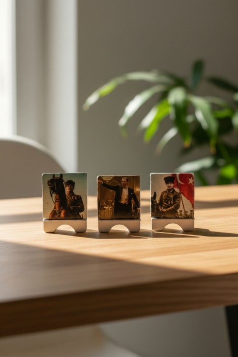 3’lü Atatürk Mermer Tablo Seti 10x10 cm – Masaüstü Standlı Dekor, Hediyelik Ürün