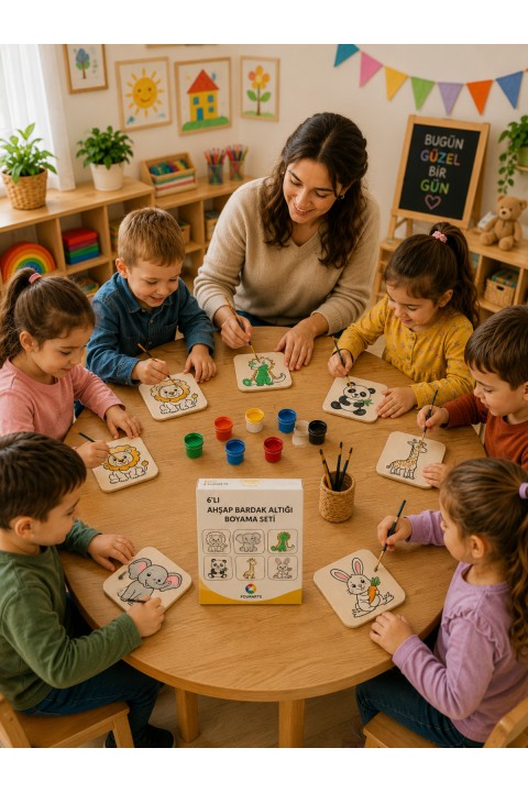 6 Parça Ahşap Bardak Altlığı Boyama Seti | Çocuklar İçin Kendin Boya Hobi ve Sanat Etkinlik Seti | 6 Akrilik Boya, 2 Fırça, Eva Sünger