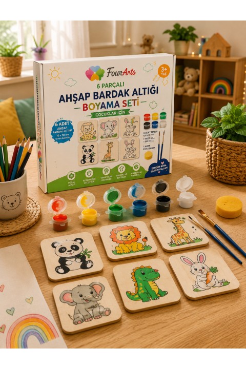 6 Parça Ahşap Bardak Altlığı Boyama Seti | Çocuklar İçin Kendin Boya Hobi ve Sanat Etkinlik Seti | 6 Akrilik Boya, 2 Fırça, Eva Sünger