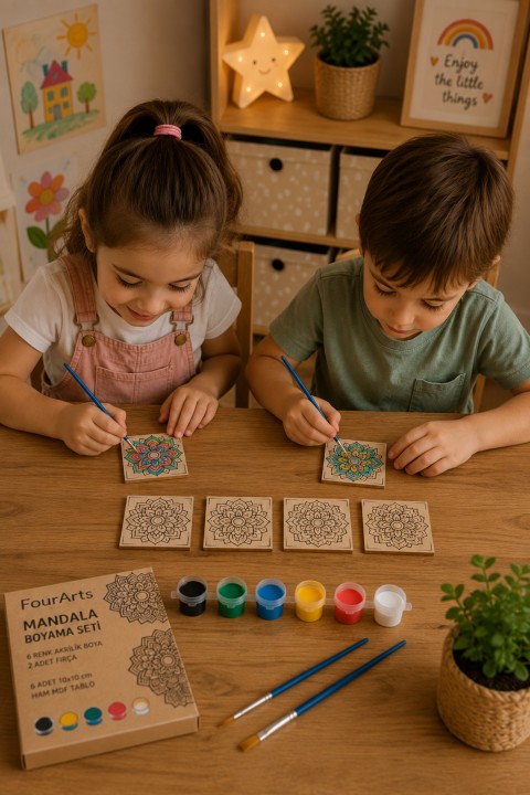 6 Parçalı Ahşap Mandala Bardak Altlığı Boyama Seti | 10x10 cm MDF | 6 Akrilik Boya + 2 Fırça + EVA Taban | Kendin Boya Hobi Seti