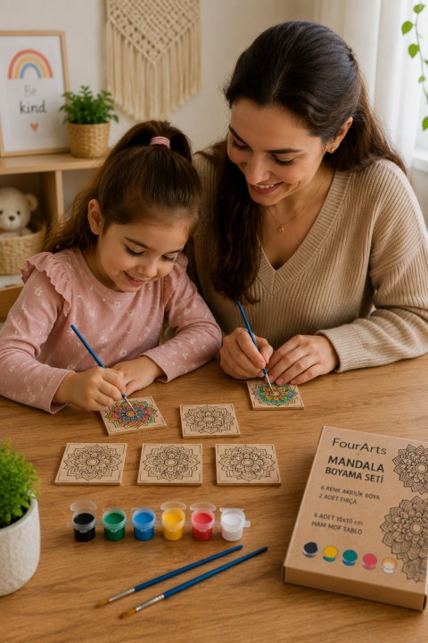 6 Parçalı Ahşap Mandala Bardak Altlığı Boyama Seti | 10x10 cm MDF | 6 Akrilik Boya + 2 Fırça + EVA Taban | Kendin Boya Hobi Seti