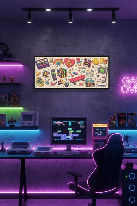 90’lar Nostalji Retro Tablo 60x25 cm Çerçeveli | Vintage Pop Art Duvar Tablosu | Genç Odası