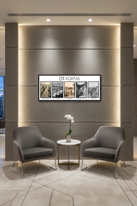 Adana Nostalji Tablosu | Siyah Beyaz Eski Adana Fotoğrafları | Çerçeveli UV Baskı MDF 25x60 cm