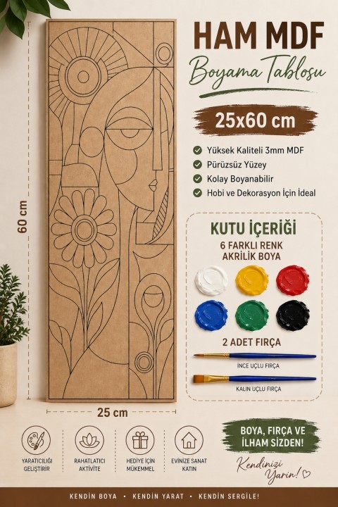 Ahşap Boyama Seti 25x60 cm 6 Renk Akrilik Boya ve 2 Fırça Dahil Dekoratif Tablo